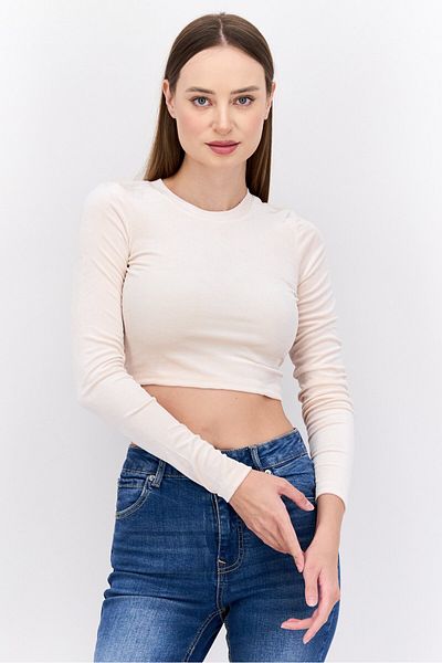 Monki Women Round Neck Long Sleeve Solid Shirt, Orange Dusty Light