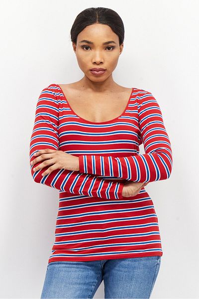 Esprit Women Scoop Neck Long Sleeve Stripe Top, Red