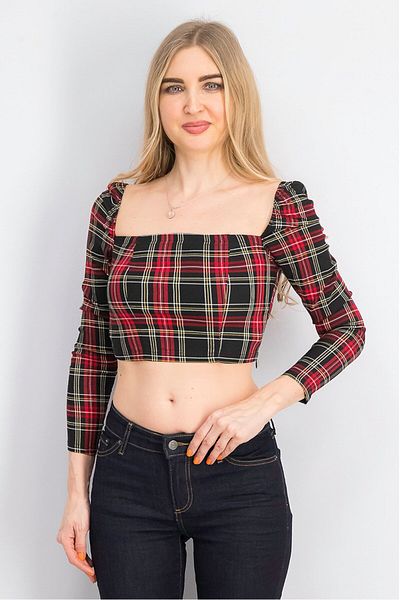 Jennyfer Women Straight Across Long Sleeve Checkered Crop Top, Black and Red