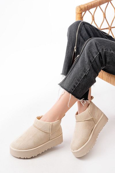 serkanseyyid Ndr-2850 Beige Suede Fur Lined Winter Closed Toe Women's Casual Slippers