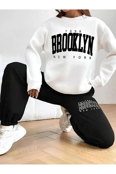 AFROGİYİM Γυναικείο σετ φόρμας Brooklyn New York με στάμπα Oversize Crew Neck