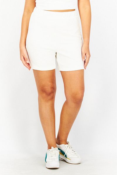 NA-KD Women High Rise Ribbed Shorts, Off White