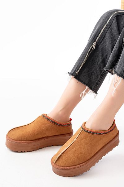 serkanseyyid Ndr-2888 Tan Suede Fur Lined Winter Closed Toe Women's Casual Slippers