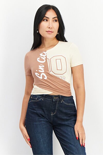 Don't Call Me Jennyfer Women Round Neck Short Sleeve Two Tone Top, Brown