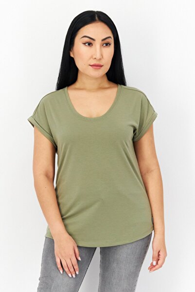 Eddie Bauer تي شيرت نسائي سادة بأكمام قصيرة ورقبة دائرية، زيتوني