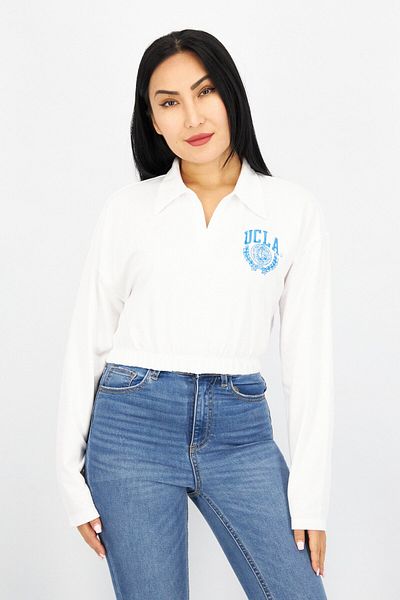 UCLA By DCMJ Women Spread Collar Embroidered Sweatshirt, White