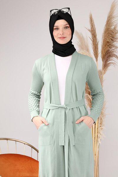 Ferace Water Green Long Knitwear Women's Hijab Cardigan - High Quality Seasonal Hijab