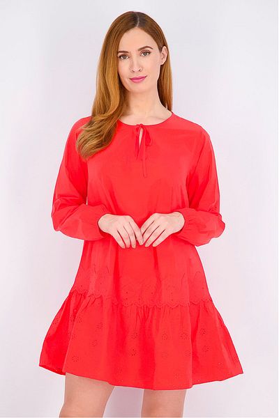 Tchibo Women Tie Neck Long Sleeve Plain Dress, Red