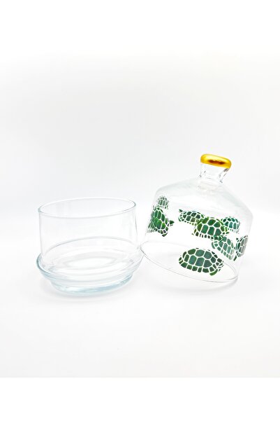 ÖzcamKristal Kapaklı Yeşil Turtle Desenli Cam Şekerlik – Dayanıklı ve Şık Sof...