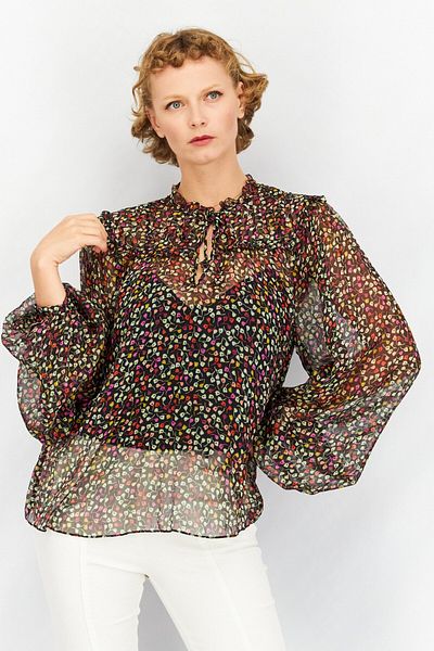 Joie Women Tie Neck Long Sleeve Allover Print Blouse, Black Combo