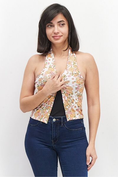 Don't Call Me Jennyfer Women Halter Neck Sleeveless Floral Top, White Combo