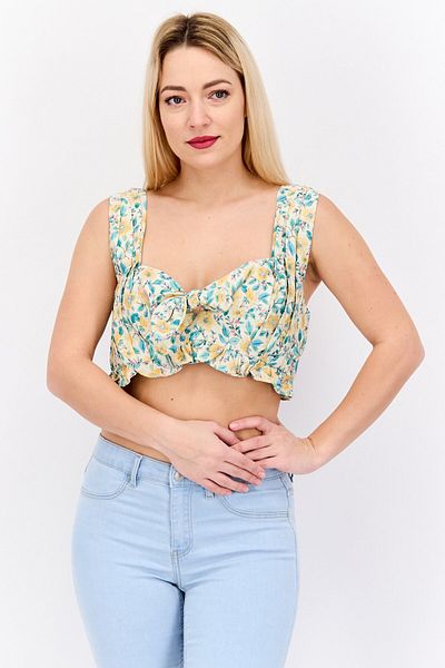 Forever New Women Square Neck Sleeveless Floral Print Crop Top, Beige Combo