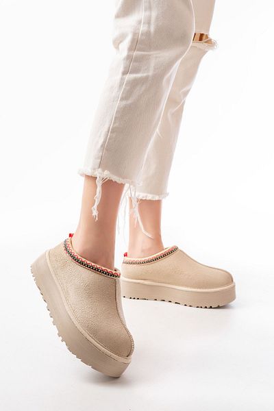 serkanseyyid Ndr-2888 Beige Suede Fur Lined Winter Closed Toe Women's Casual Slippers