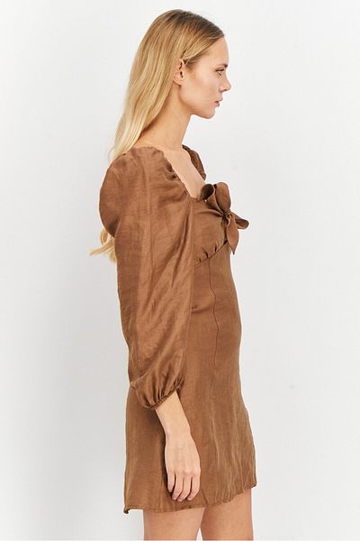 NA-KD Women Tie Front Long Sleeve Mini Dress, Brown
