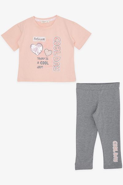 Breeze Girl's Capri Tights Suit Sequined Glitter Text Printed 5-10 Years, Salmon