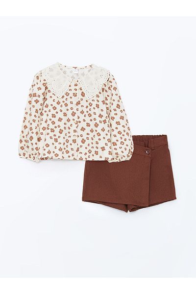 LC Waikiki Cw Kids Brown Printed Baby Collar Floral Baby Girl Shirt and Shorts Skirt 2-Piece Set