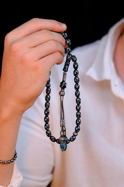 dergah tesbih New Full Silver and Turquoise Embroidered Oltu Stone Rosary