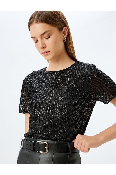 Koton Crew Neck Sequined Short Evening Dress Blouse