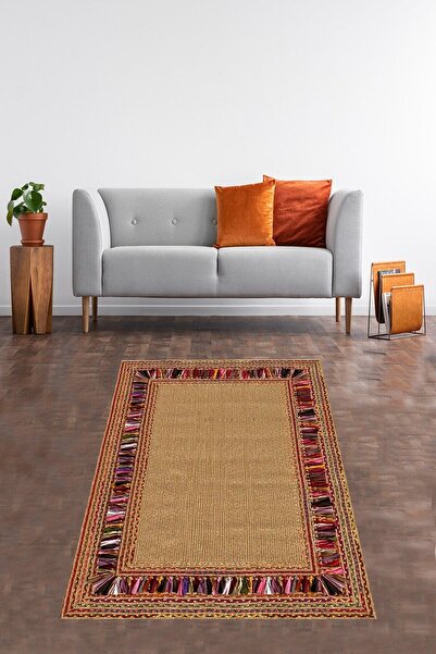 uygun dekor Jüt Hasır Kilim Görünümlü Dijital Baskılı Kaymaz Taban Yıkanabili...