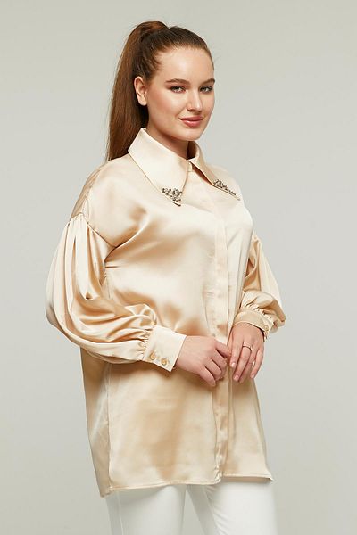 Appleline Cămașă din satin BEJ - Guler cu detalii de piatră