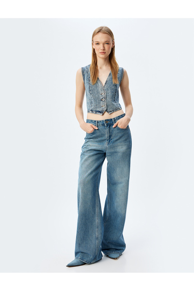 Koton Rhinestone Denim Vest Crop Sleeveless V Neck Buttoned