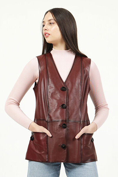 Dericlub Yb2017 Large Size Real Leather Women's Vest Ök.Burgundy