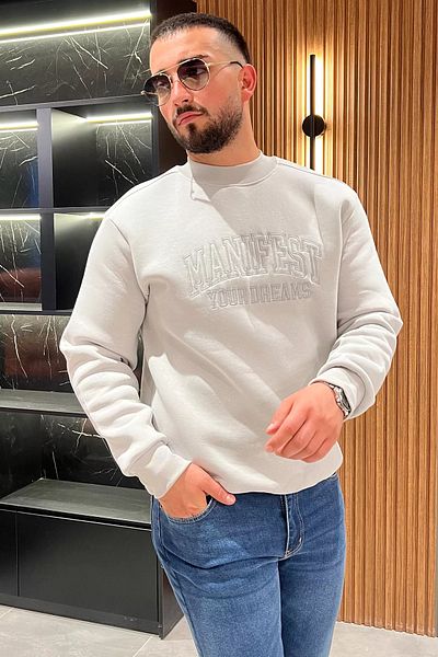 MİSHAR İTALİA Ανδρικό φούτερ με γκρι λαιμόκοψη με κέντημα με τρεις κλωστές