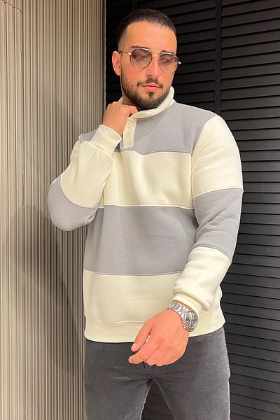 MİSHAR İTALİA Ανδρικό φούτερ Grikrem Polo Neck Color Garnished Three Thread Raster