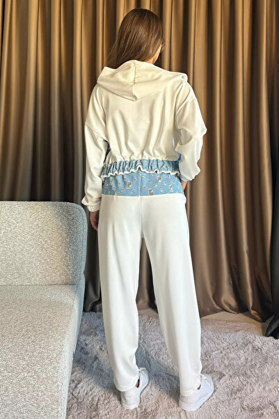 GÜLSELİ Κρεμ τζιν Garnish Hooded Mini Jacket Παντελόνι Σετ δύο τεμαχίων