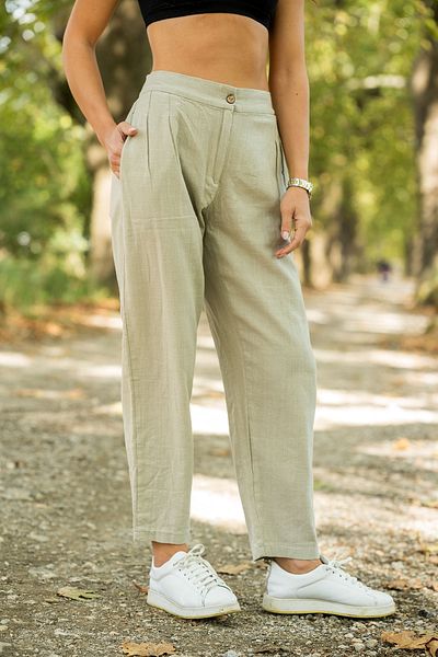 VerdeBlanco Linen Trousers - 100% Cotton, Pleat Detailed, Cream Color
