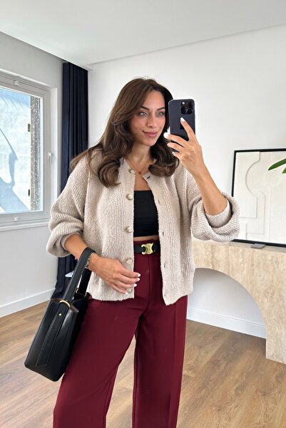 BİRCANÇİL Kesa Dark Beige Buttoned Knitwear Cardigan