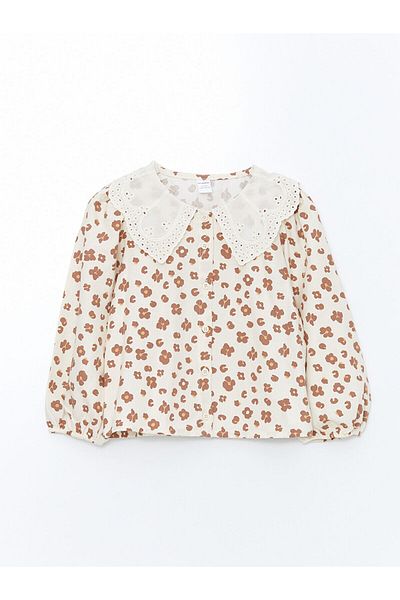 LC Waikiki Cw Kids Brown Printed Baby Collar Floral Baby Girl Shirt and Shorts Skirt 2-Piece Set