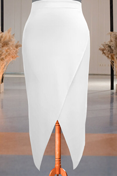 Due Stelle White Cross Cut Asymmetrical Pencil Skirt
