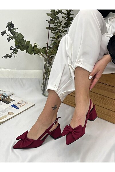 ERVANIN BUTİĞİ Bordo Saten (Fairy) Fiyonk Detay Kadın Topuklu Ayakkabı