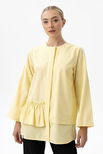 Sarı Etiket Skirted Layered Frill Detailed Hidden Placket Crew Neck Poplin Shirt
