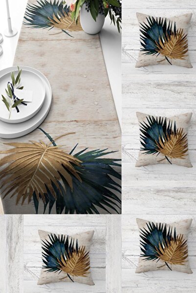 uygun dekor Gold Petrol Tropical Leaf Pattern Tablecloth Different Patterns D...