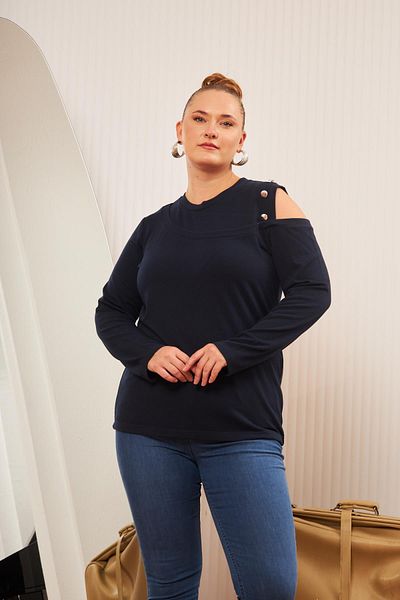 RMG Large Size Shoulder Detail Knitted Blouse Navy Blue