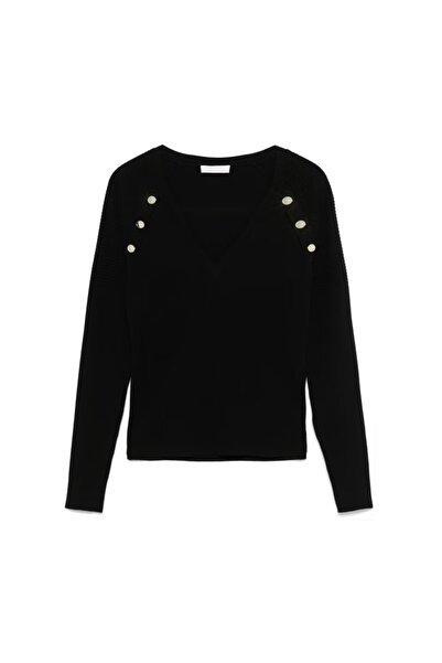 liu.jo Kadın Düğme Detaylı Rahat Kesim Günlük Siyah Kazak WF4011 MS99E-22222