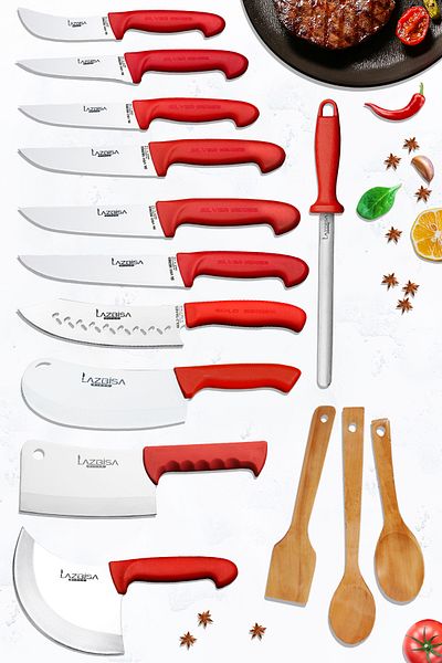 LAZBİSA Silver Series Kitchen Knife Set Row Crescent Pastry Knife and Montessev Wooden Spoon Set (14 Pieces)