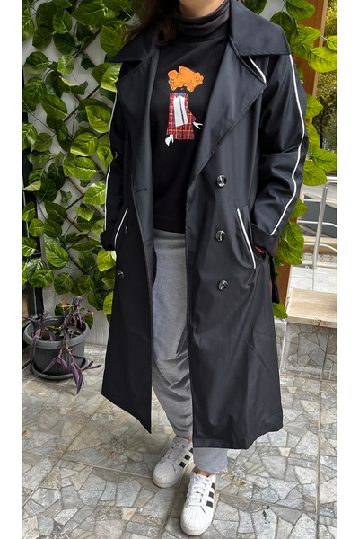 Marka Siyah Paraşüt Kumaş Uzun Trençkot