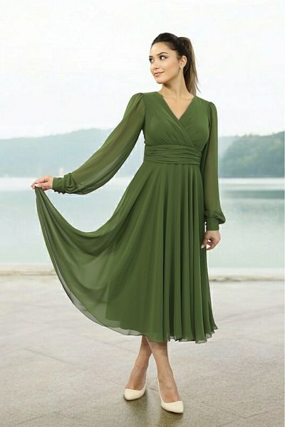 FaBe Fashion Long Sleeve Covered Back Double Breasted Collar Midi Chiffon Dress