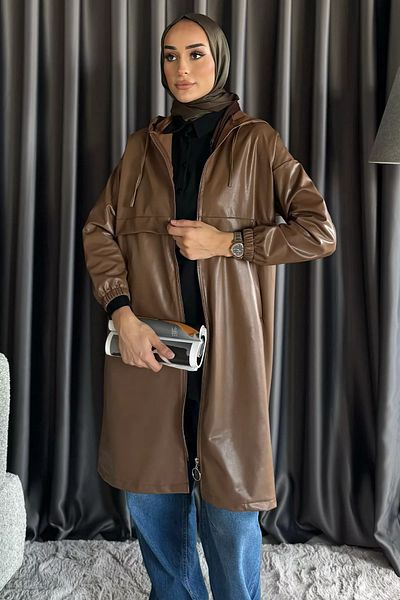 julude Εποχιακή καμπαρντίνα Hijab Faux Leather με κουκούλα και φερμουάρ