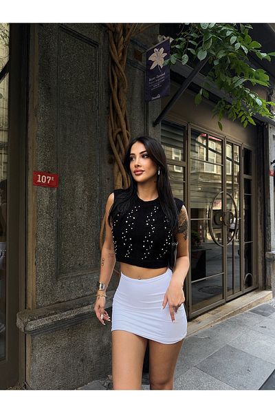 kenza'a Pulover de damă cu mânecă zero cu perle în față