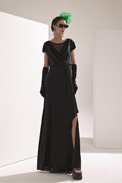 EXPLOSION Büyük Beden Payet Detaylı Saten Maksi Boy Elbise