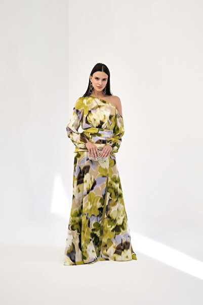 EXPLOSION Desenli Saten Tek Omuzlu Şık Maxi Abiye Elbise