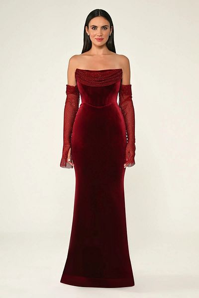 ALFABETA Women's Strapless Collar Long Tulle Sleeve Detailed Burgundy Evening & Graduation Dress Ab6871-Bordo