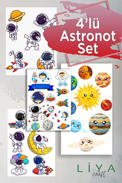 LiyaCraft 4'lü Astronot Temalı Sticker Planner Ajanda Bullet Journal Için Uyg...