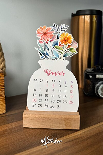 MSticker 2025 Azerice Ahşap Ayaklı Yeni Yıl Masa Takvimi 2025 Çiçekli Takvim Azerice Azerbaycan Takvim
