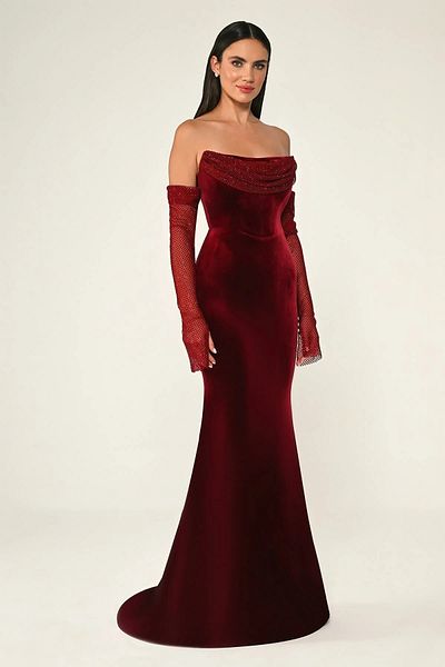 ALFABETA Women's Strapless Collar Long Tulle Sleeve Detailed Burgundy Evening & Graduation Dress Ab6871-Bordo
