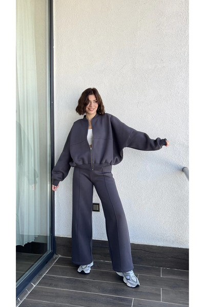 XXL BUTİK XXL Butik kadın şardonlu üç iplik eşofman takımı GTS018 - Antrasit